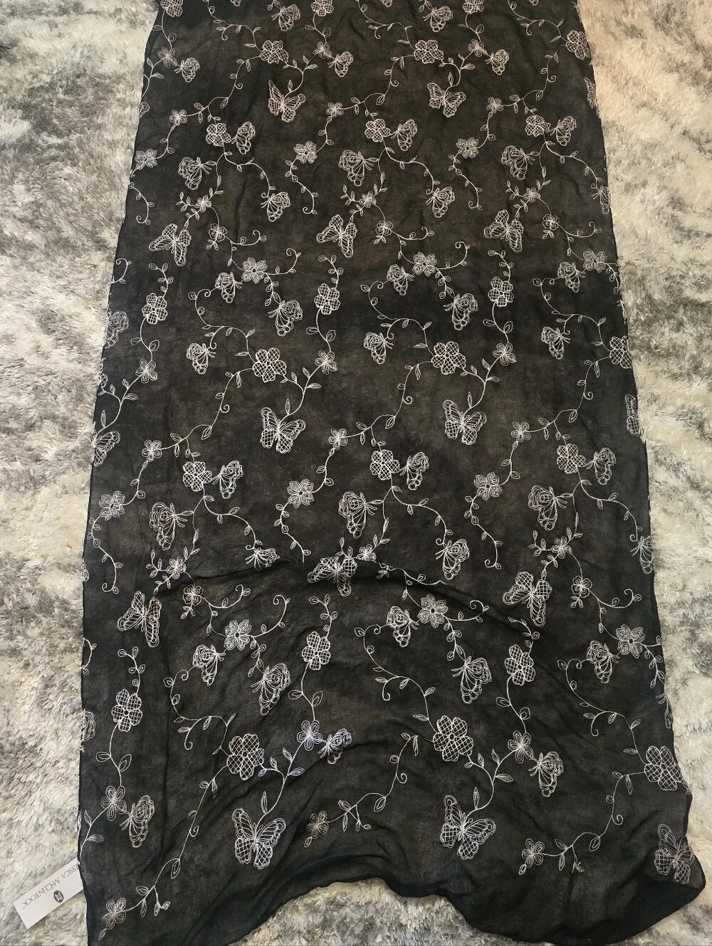 Jessica McClintock Black Scarf with White Floral Embroidery